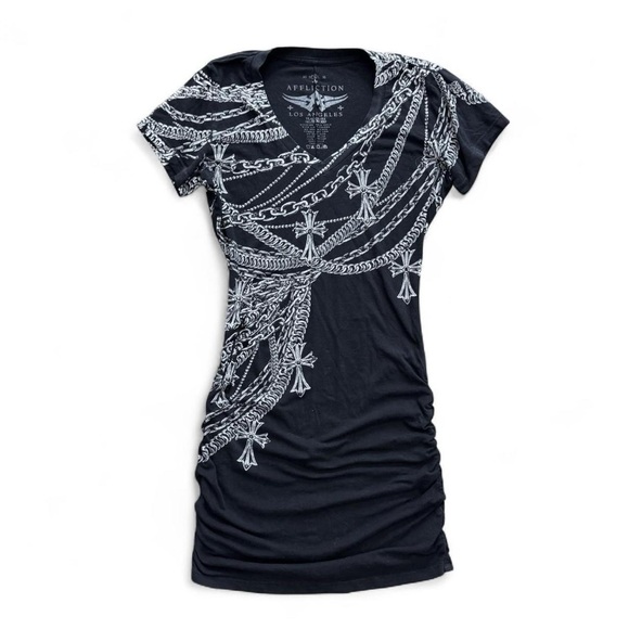 Affliction Y2K grunge goth black mini ruched dress with white crosses and chains - Picture 1 of 7